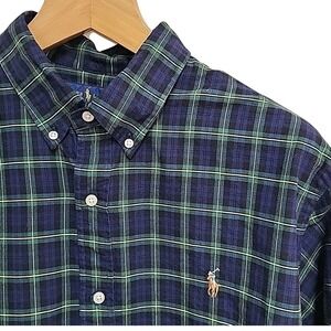 Ralph Lauren Men's 2XL‎ TTG Blue Green Plaid button up cotton FLESH PONY